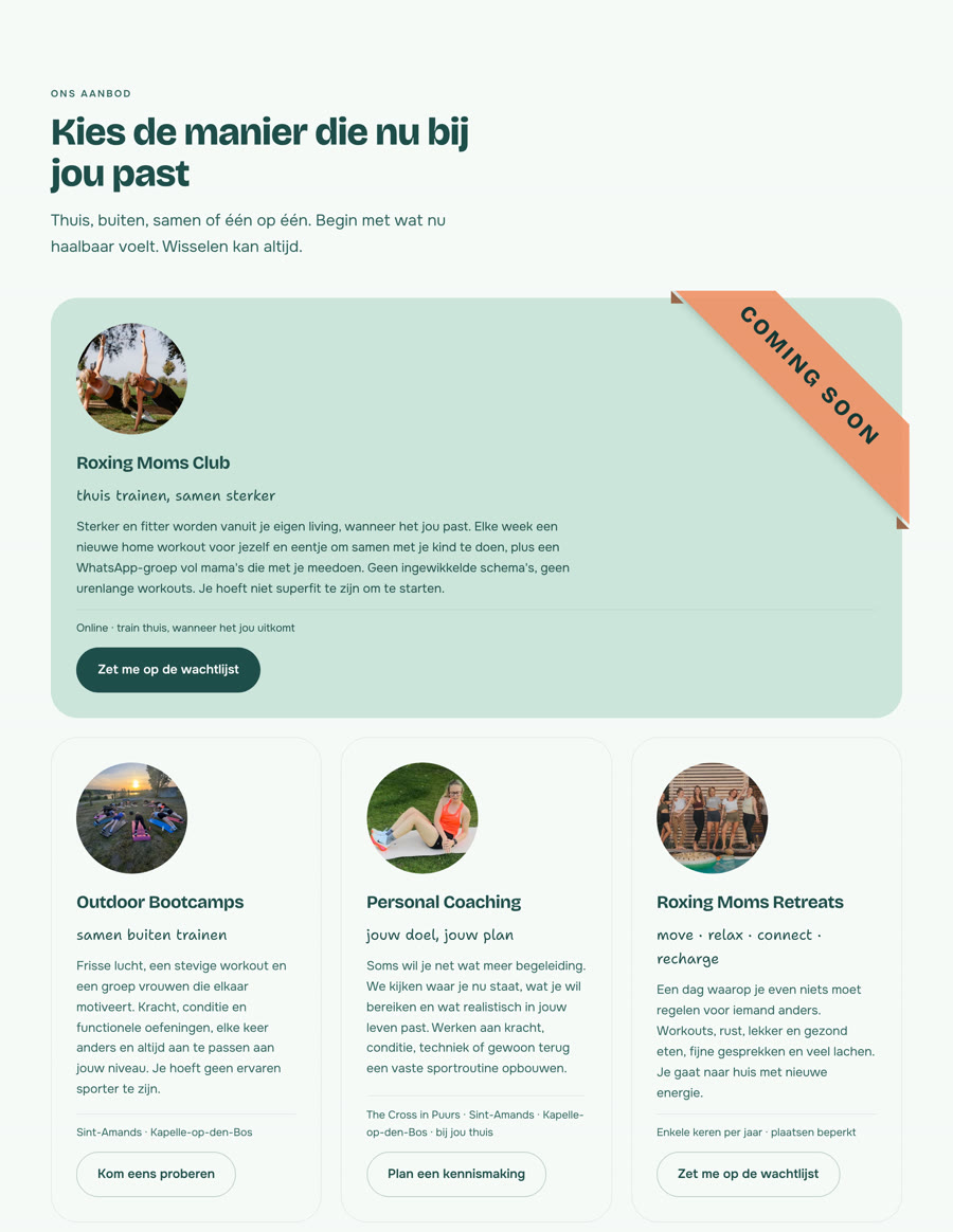 Het aanbod van roxingmoms: de club, bootcamps, personal coaching en retreats
